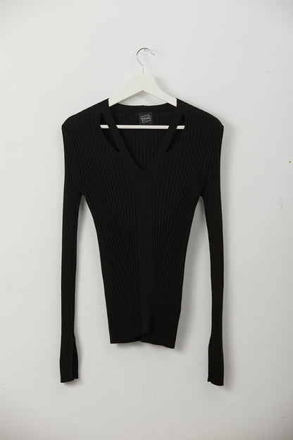 ALICE Black Ribbed long sleeve top - UPTOANI