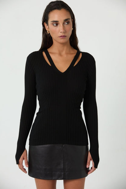 ALICE Black Ribbed long sleeve top - UPTOANI