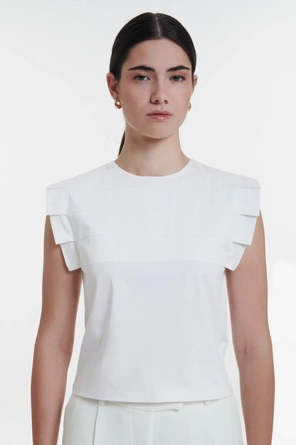 Chiara. White Sleeveless Pleated Top - UPTOANI