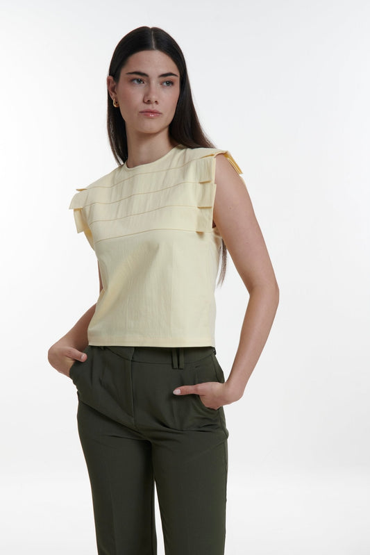 Chiara Yellow Sleeveless Pleated Top - UPTOANI