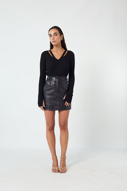LIZ High Waisted Black Leather Skirt - UPTOANI