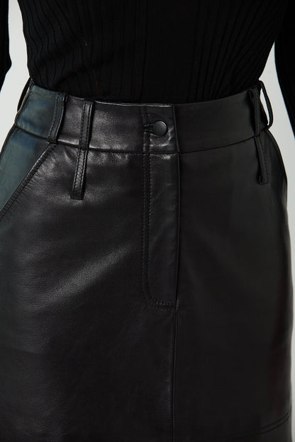 LIZ High Waisted Black Leather Skirt - UPTOANI