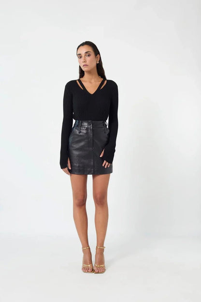 LIZ.High Waisted Black Leather Skirt - UPTOANI