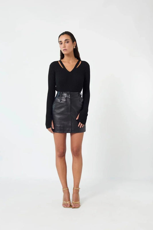 LIZ.High Waisted Black Leather Skirt - UPTOANI