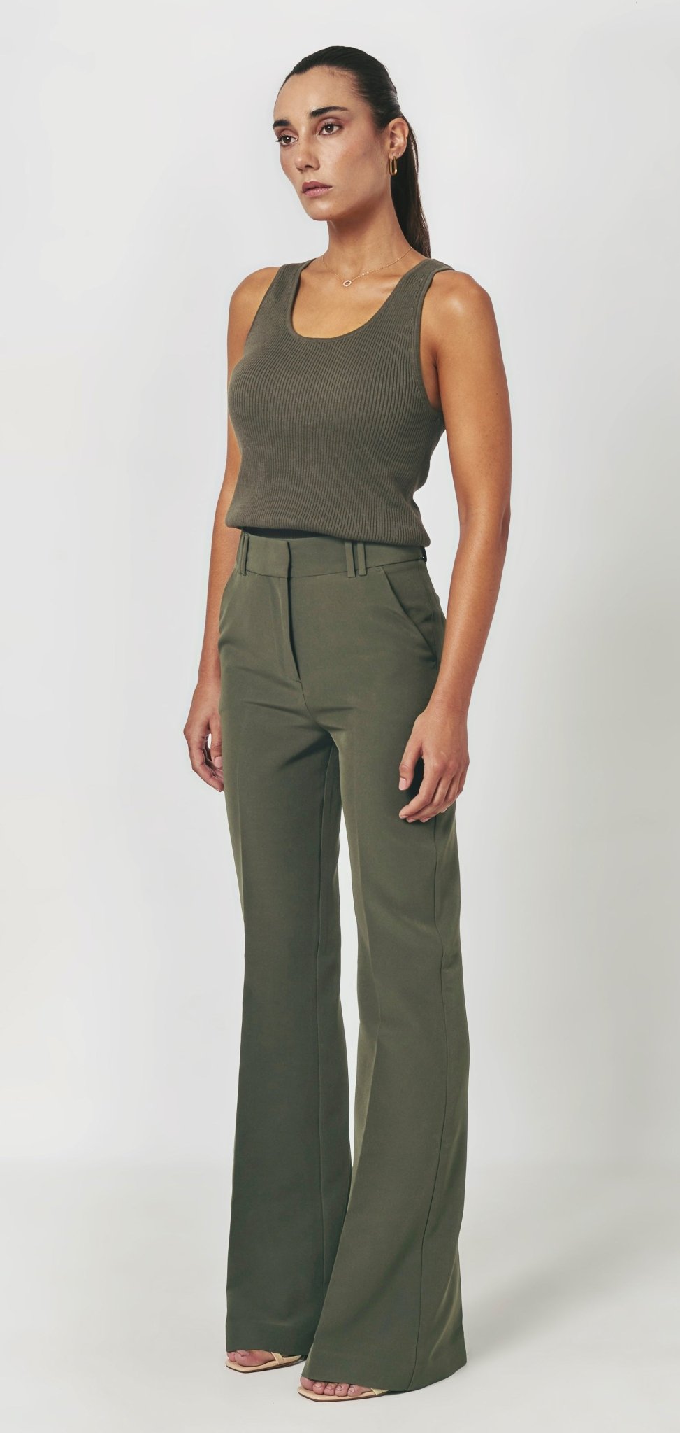 MIA Army Khaki High Waisted Flared Trousers - UPTOANI